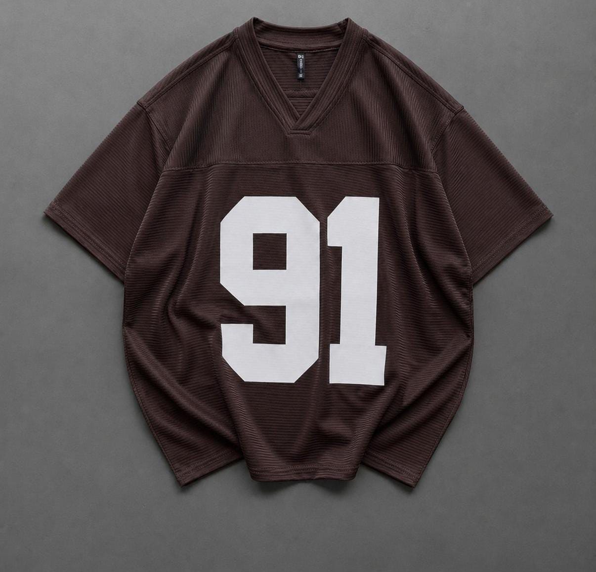 Men's Oversized 91 V-Neck Sports Jersey Tee — Maroon