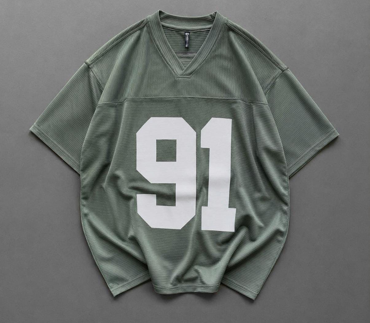 Men's Oversized 91 V-Neck Sports Jersey Tee — Olive Green