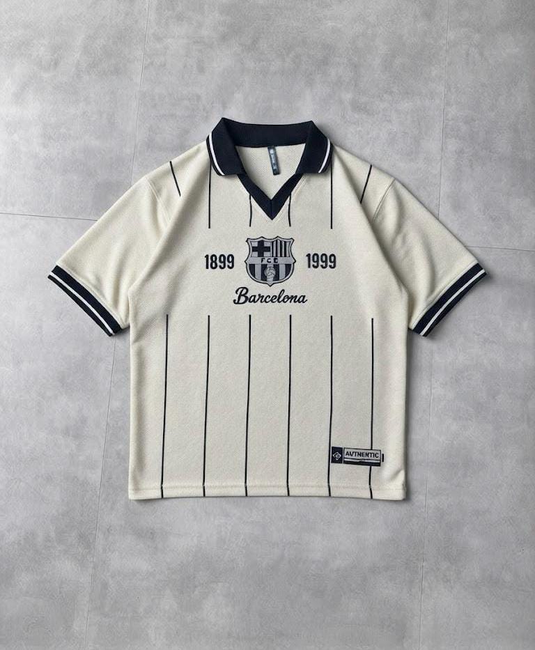 Men's Vintage Barcelona FC 1899-1999 Retro Polo Shirt — Beige / Taupe with Black Trim