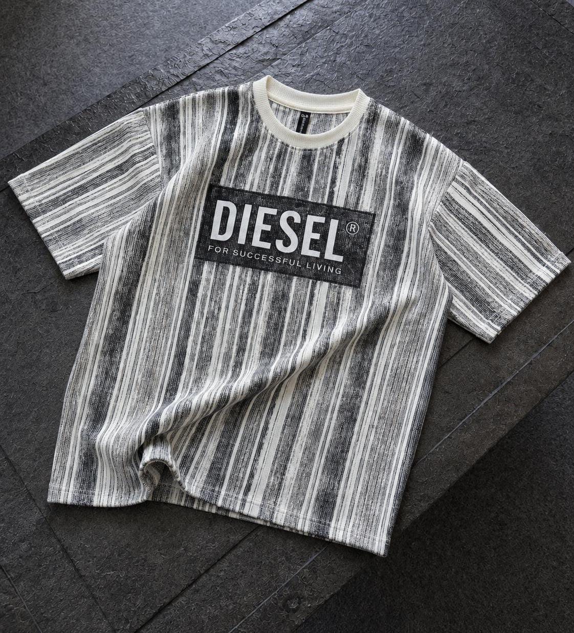 Unisex Oversized Striped Diesel Logo T-Shirt — Grey