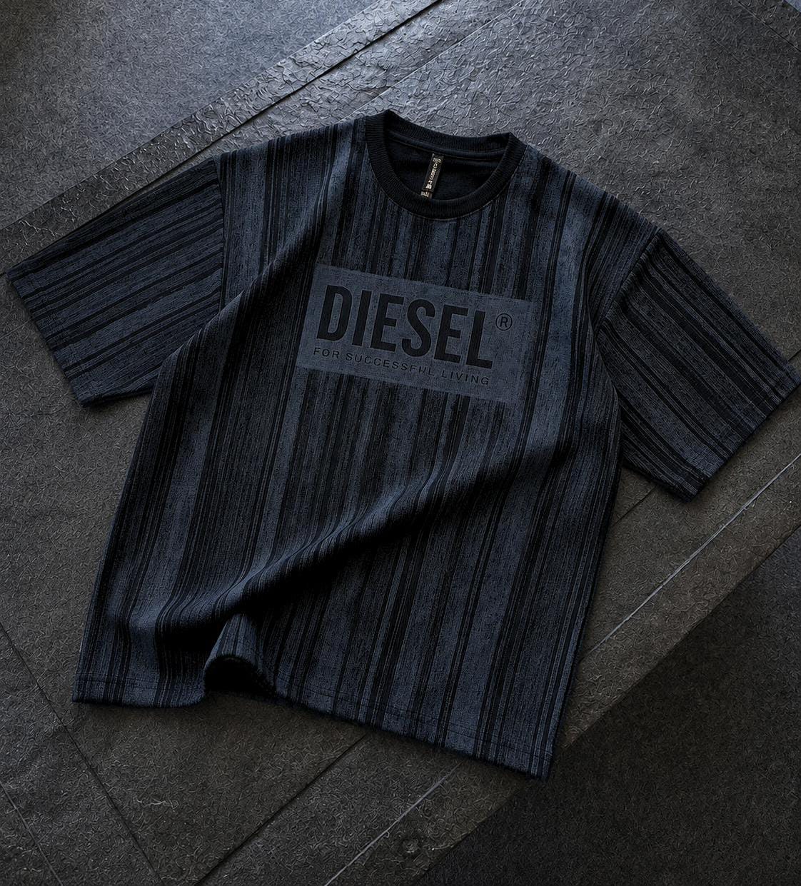 Unisex Oversized Striped Diesel Logo T-Shirt — Blue