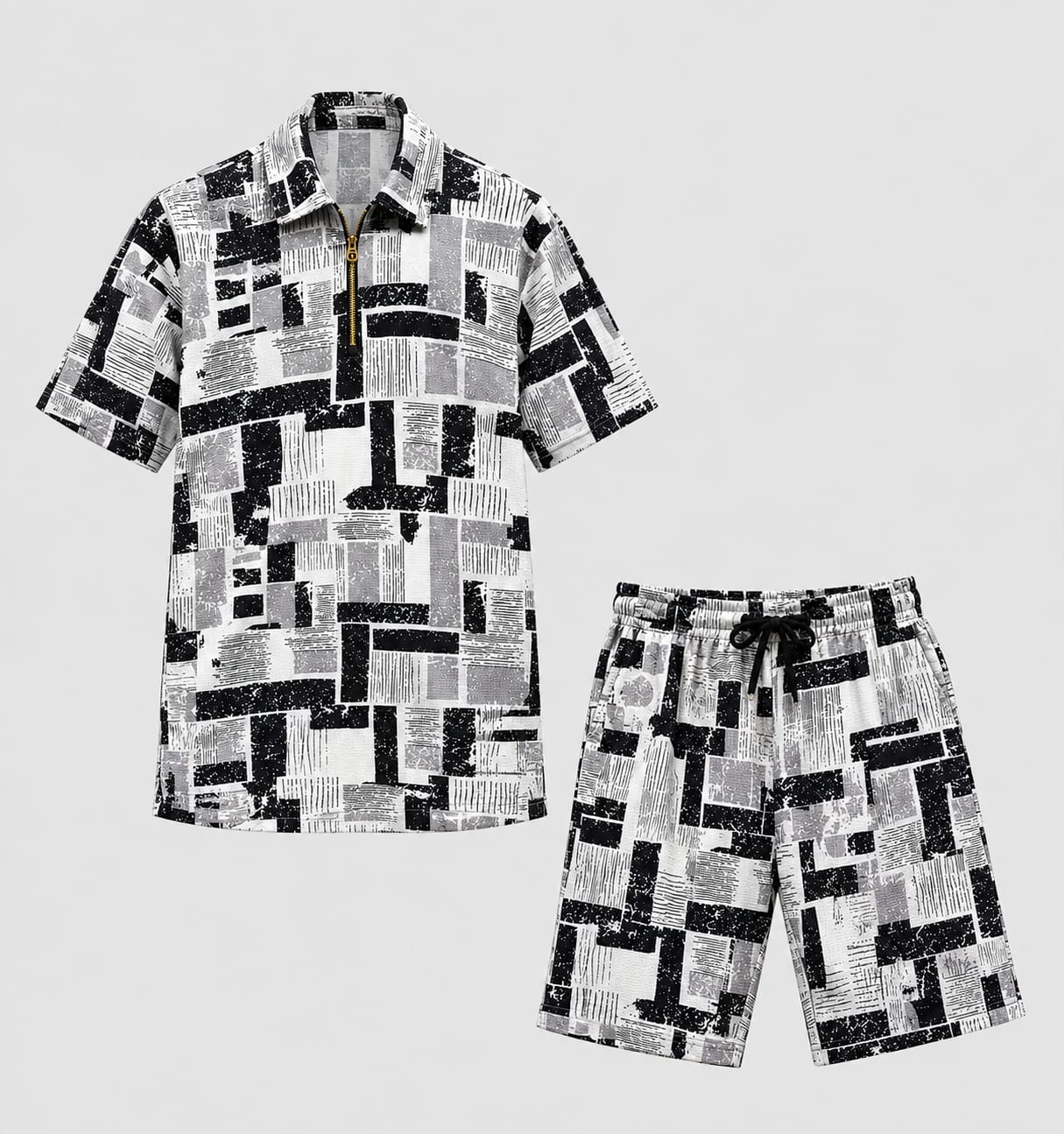Men's Geometric Print Night Suit — Black & Grey — Black & Grey Geometric
