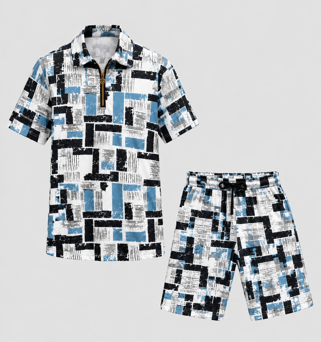 Men's Geometric Print Night Suit — Blue — Blue Geometric