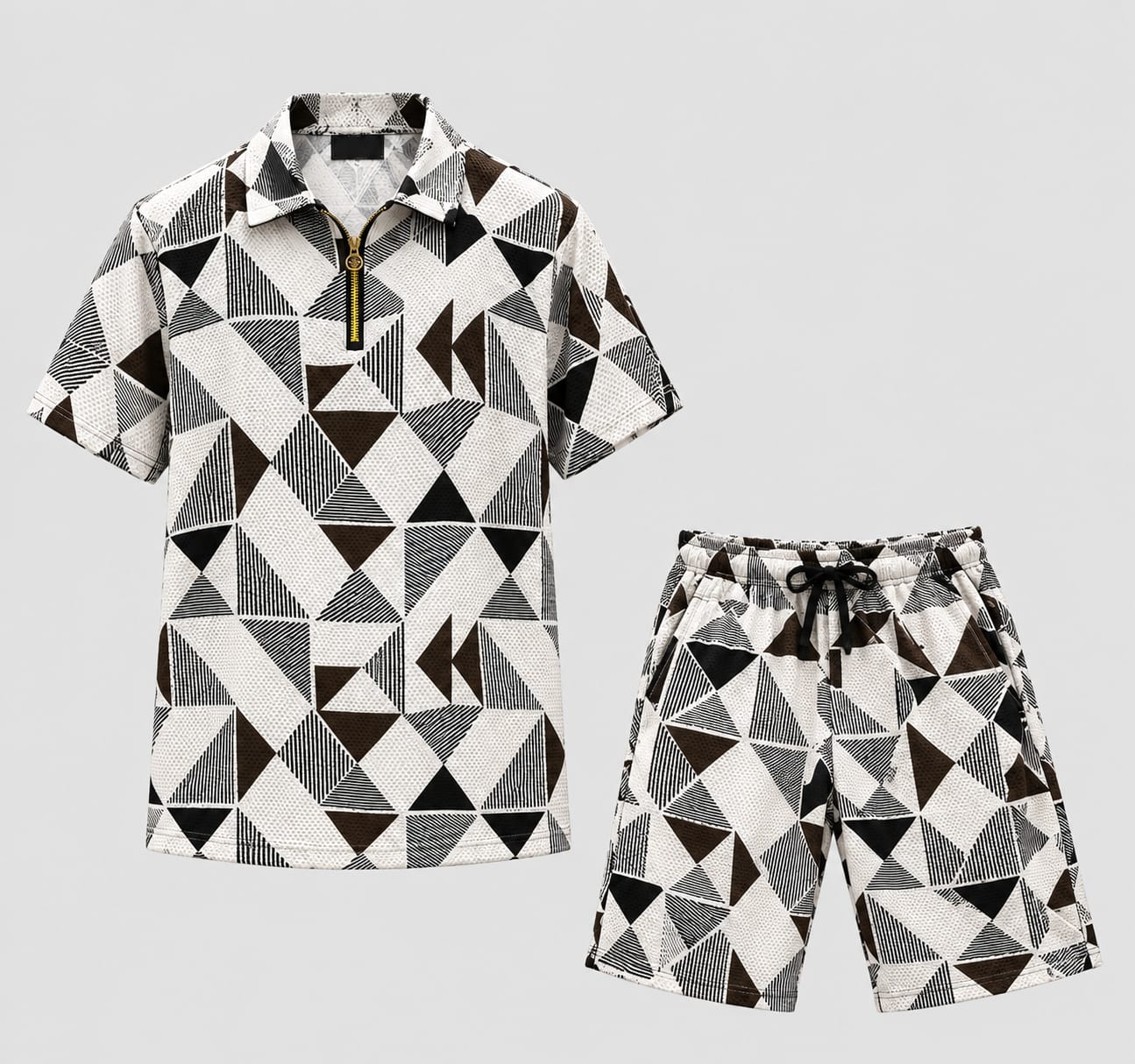 Men's Geometric Print Night Suit — Brown & Grey — Brown & Grey Geometric
