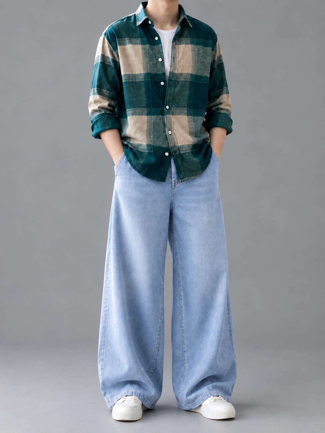 Plaid Button-Down Shirt + Washed Wide-Leg Pants