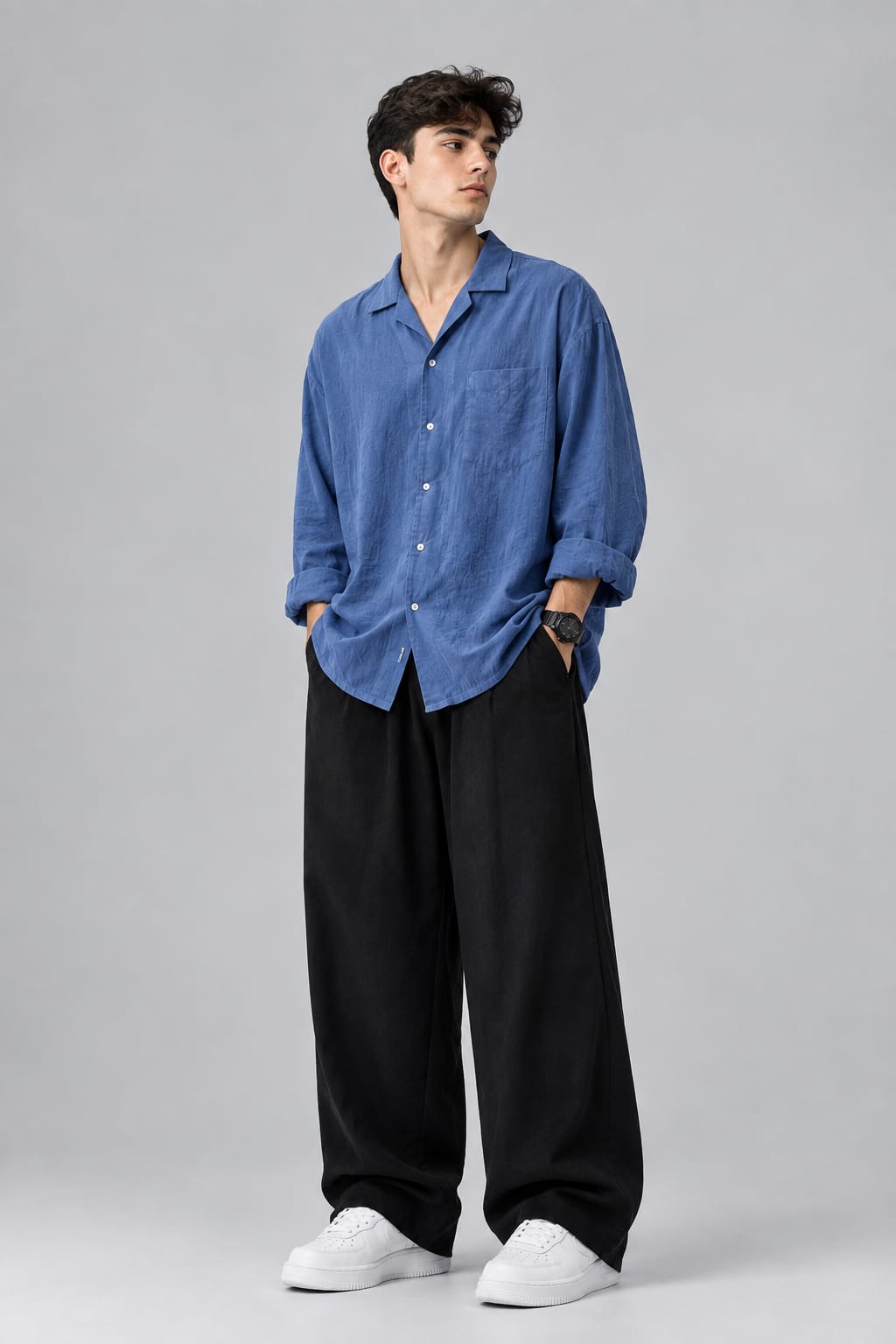 Cuban Collar Linen Shirt + Wide-Leg Pleated Trousers