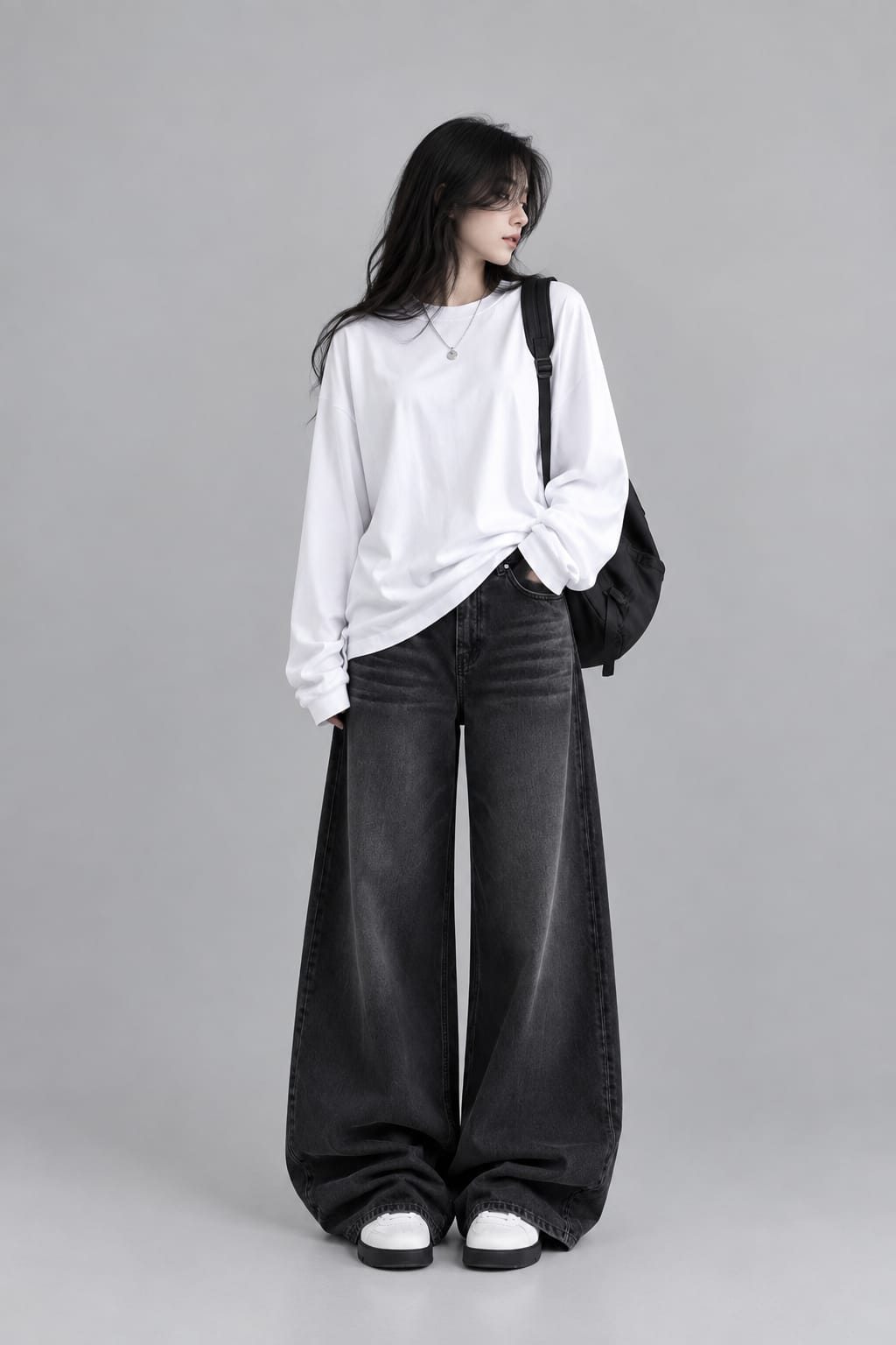 Oversized Graphic Tee + Printed Long Sleeve Layer + Faded Black Jeans