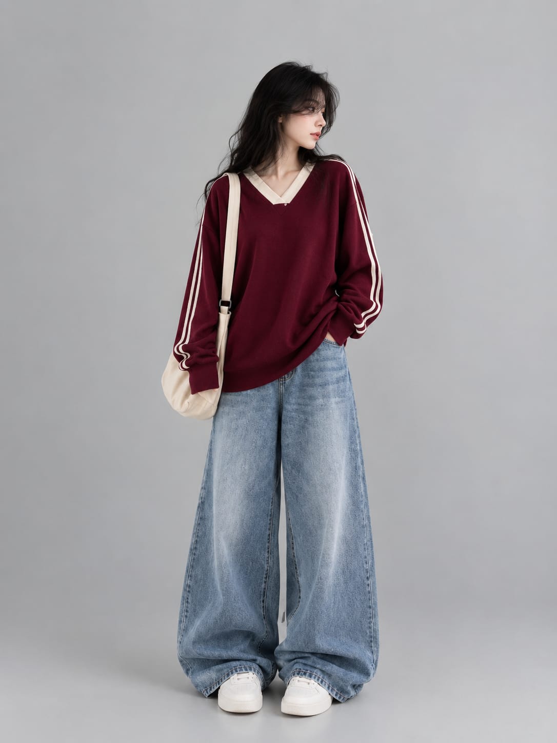 Oversized Long Sleeve Basic Tee + Ultra Baggy Black Denim Jeans