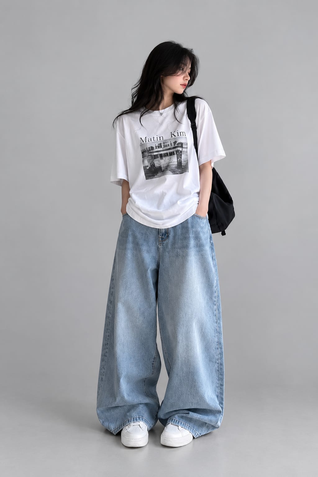 Oversized V-Neck Stripe Sweater + Ultra Baggy Mid-Wash Jeans