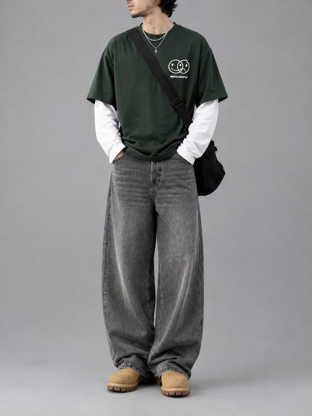 Oversized Graphic Tee + Layered Long Sleeve (Forest Green) + Charcoal Jeans
