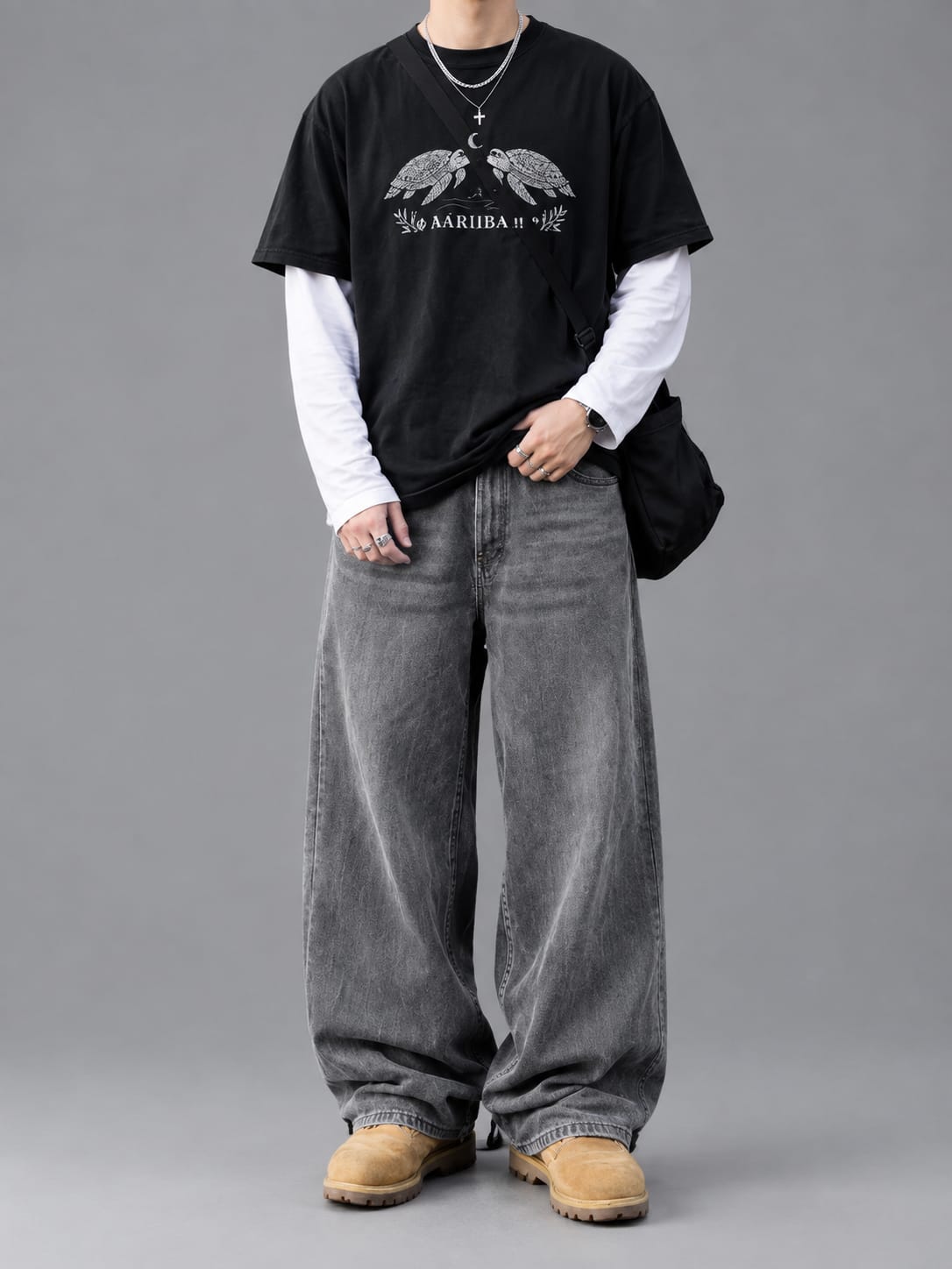 Oversized Graphic Tee + Layered Long Sleeve ("AARIIBA!!") + Charcoal Jeans