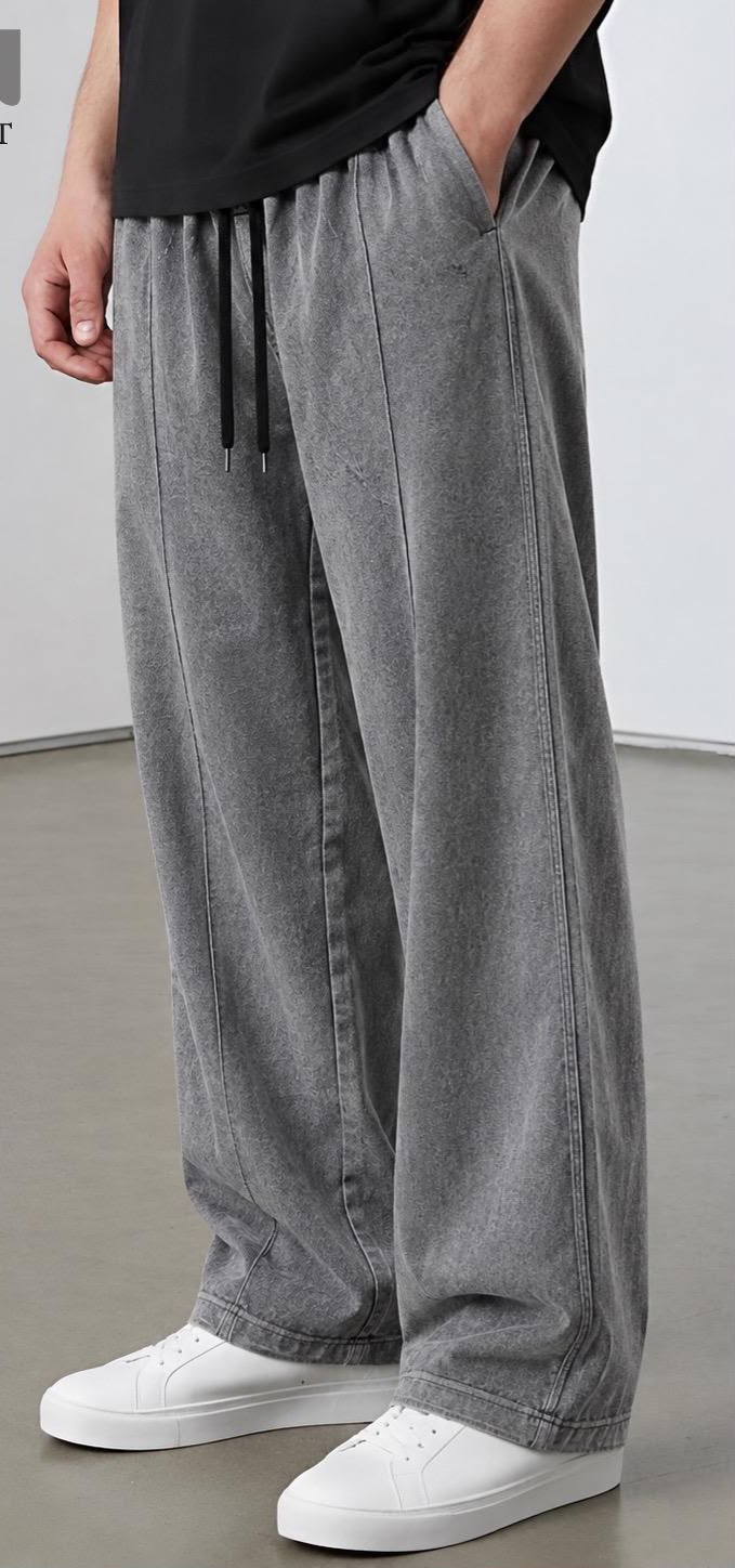 Men's Relaxed Fit Washed Wide-Leg Pants (All Season Wearable) — Light Heather Grey